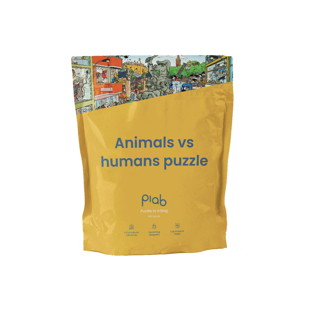 De voorkant van onze Animals vs. Humans zak.